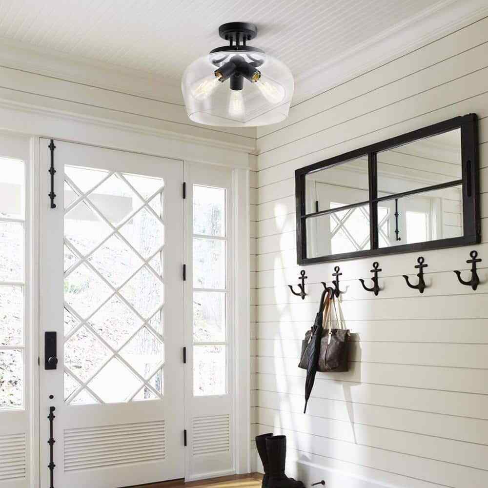 Merra 14 in. 3-Light Matte Black Semi-Flush Mount with Clear Glass Shade