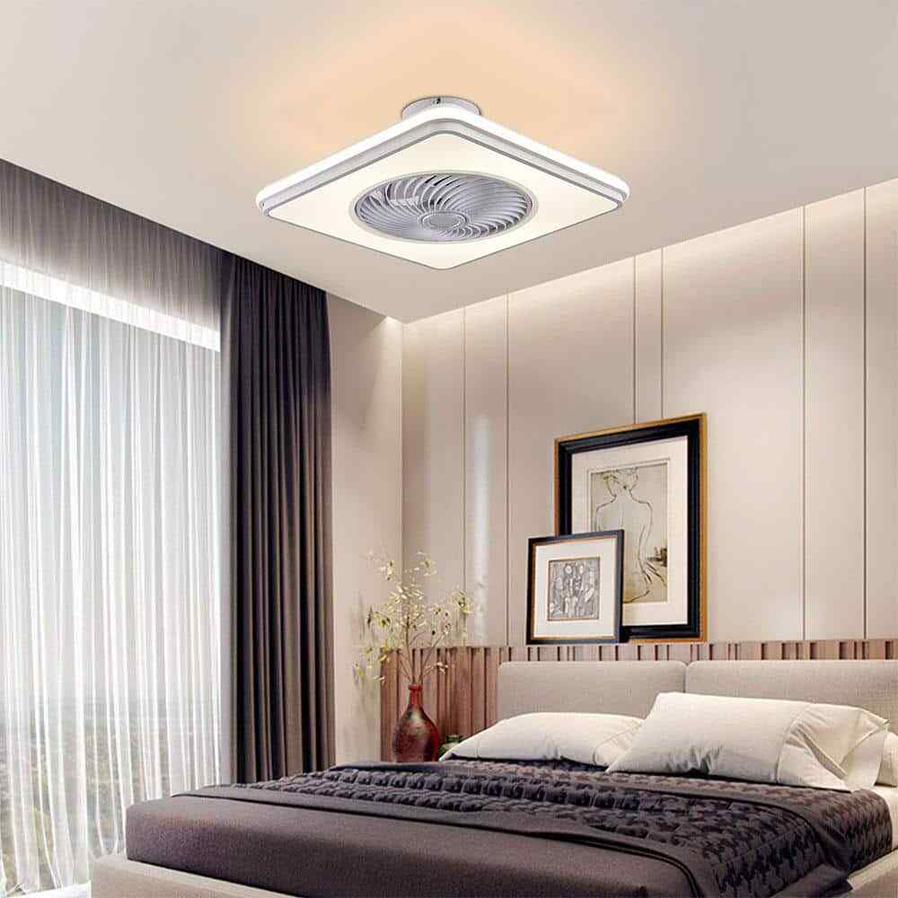Modern White Square Shape LED Indoor Enclosed Ceiling Fan w/ Remote Control