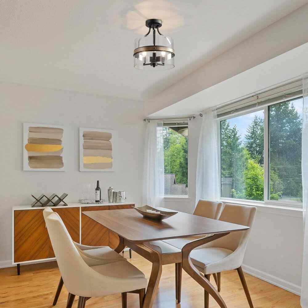 LNC Modern Farmhouse Drum Ceiling Light w/ Faux Wood Accent Clear Glass Shade
