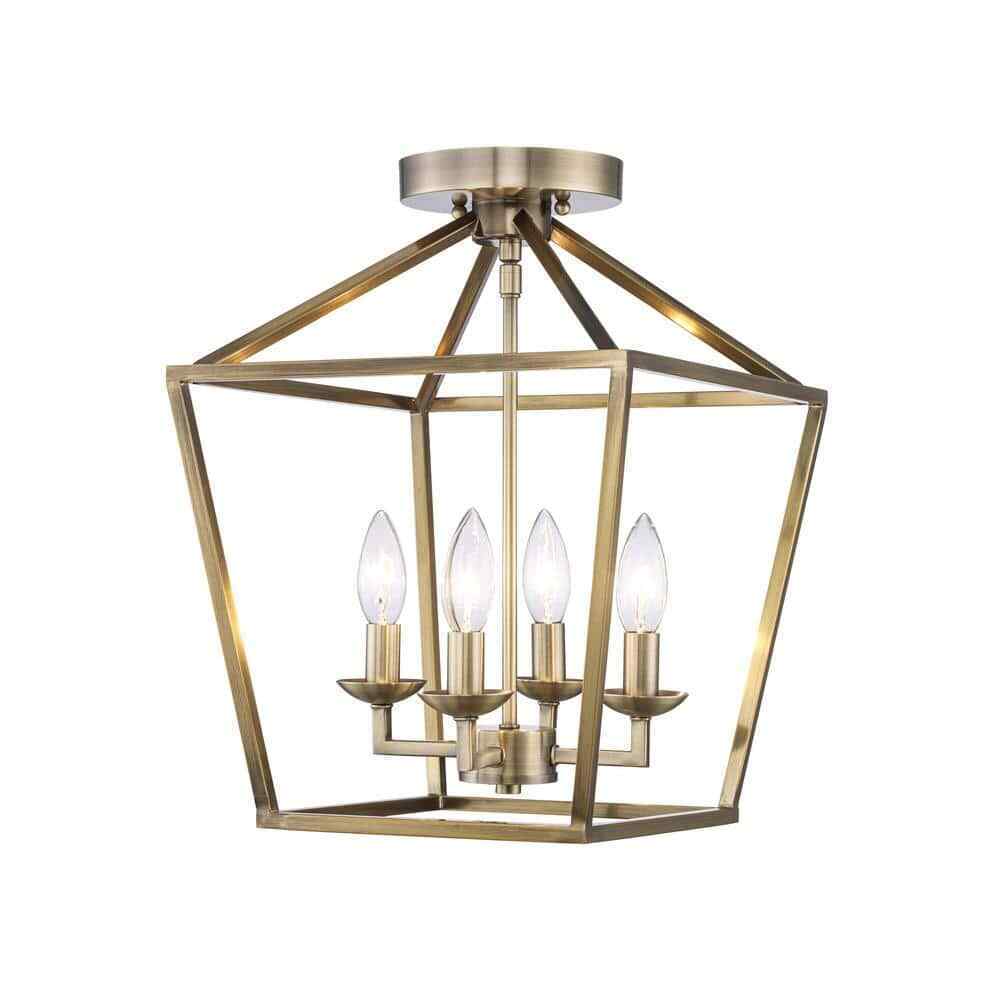 Home Decorators Weyburn 16.5 in. 4-Light Brushed Brass Lantern Semi-Flush Mount