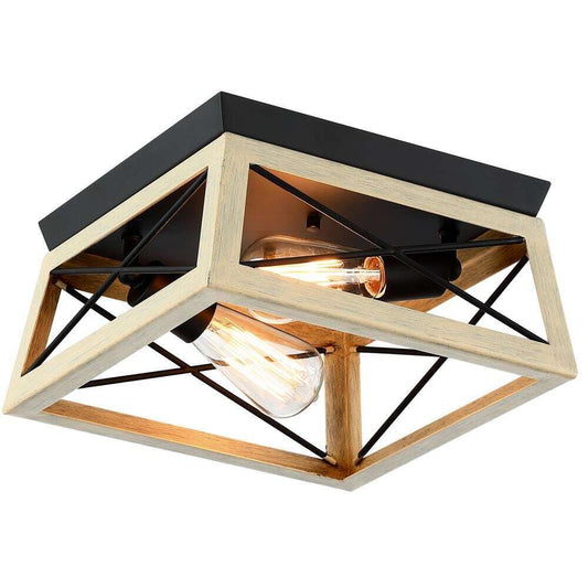 Pia Ricco 12 in. 2-Light Matte Black and Ocean View Oak Flush Mount
