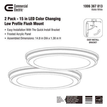 Commercial Electric 15 in. Matte White 5-CCT LED Round Flush Mount 2-Pack