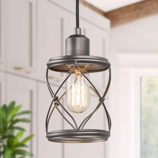LNC Modern Farmhouse Gray Mini Pendant Light w/ Dark Pewter Drum Metal Wire Cage