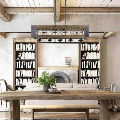 LALUZ Wood Chandelier Black Farmhouse Island 5-Light Rectangular Cage Chandelier