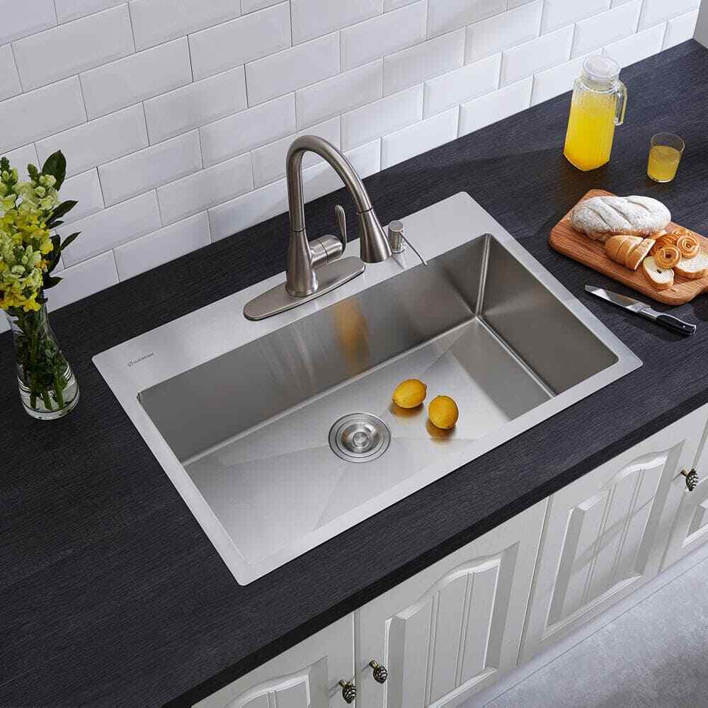 Glacier Bay 32 in. Tight Radius Drop-in 16G SS 4-Hole Single Bowl Kitchen Sink
