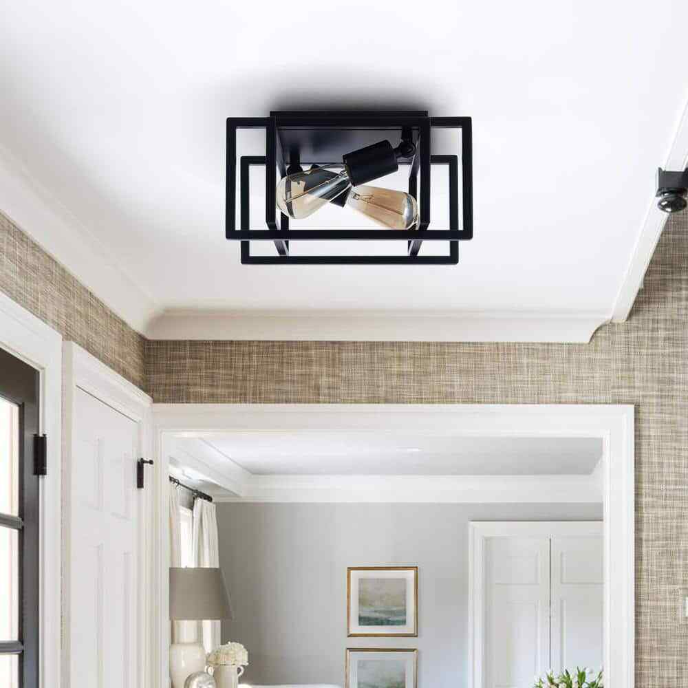 Merra 12 in. 2-Light Matte Black Open Geometric Frame Flush Mount
