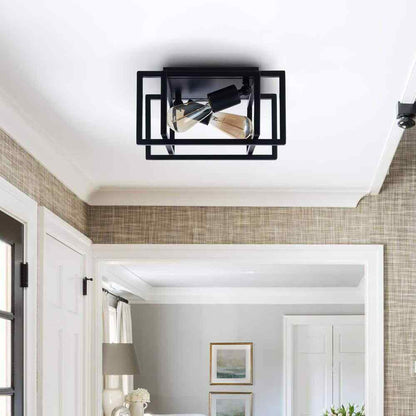 Merra 12 in. 2-Light Matte Black Open Geometric Frame Flush Mount