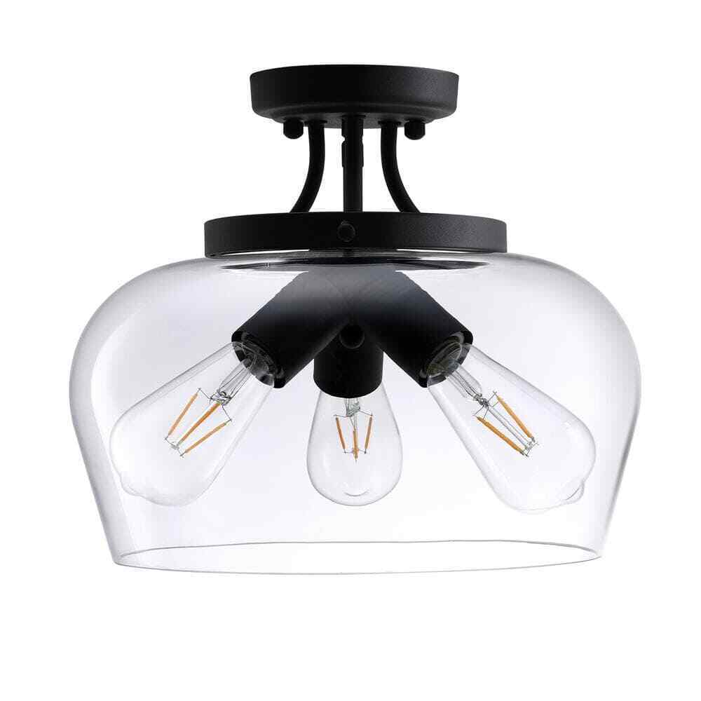 Merra 14 in. 3-Light Matte Black Semi-Flush Mount with Clear Glass Shade