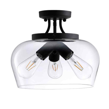 Merra 14 in. 3-Light Matte Black Semi-Flush Mount with Clear Glass Shade
