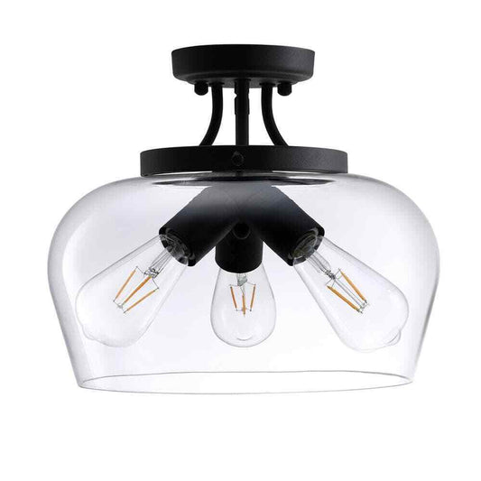 Merra 14 in. 3-Light Matte Black Semi-Flush Mount with Clear Glass Shade