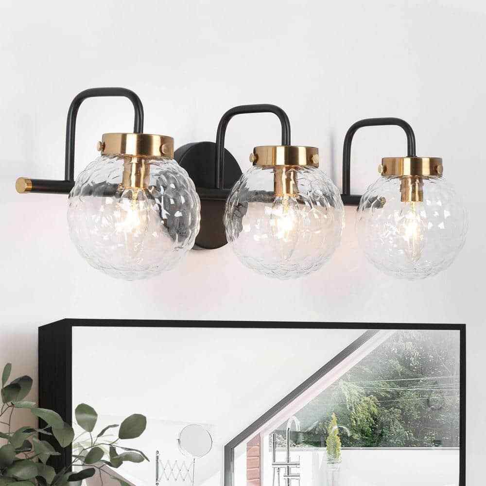 LNC Modern 3-Light Black Vanity Light Brass Wall Light w/ Raspberry Glass Shade