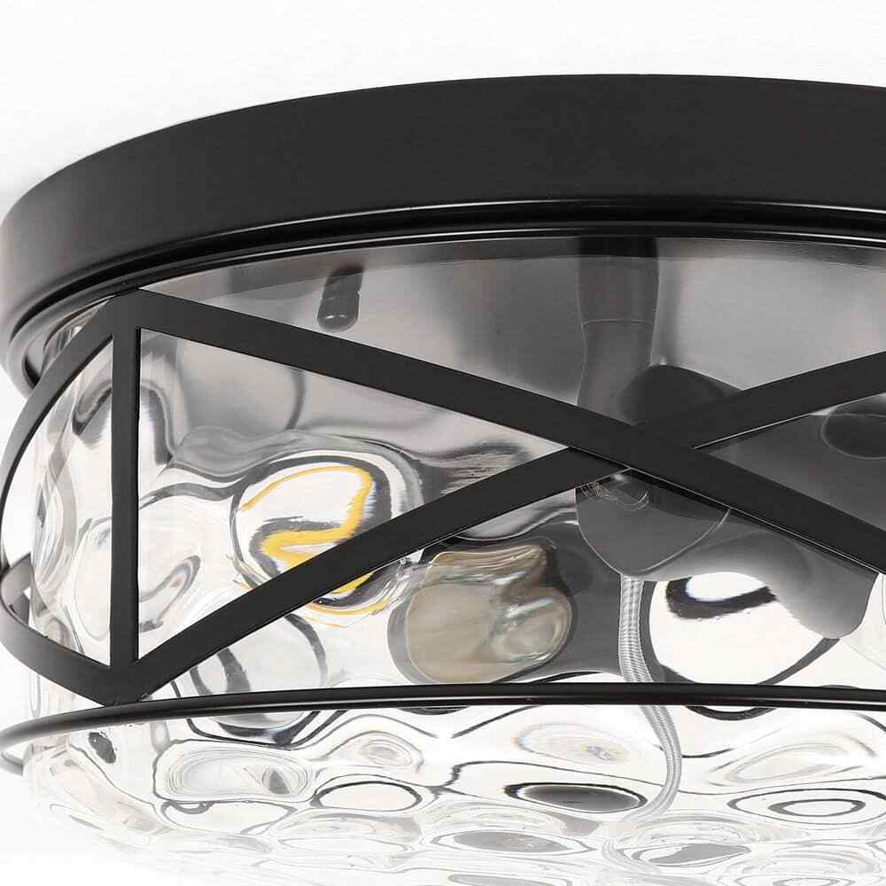 LamQee 12 in. 2-Light Black Flush Mount Water Ripple Glass Ceiling Light
