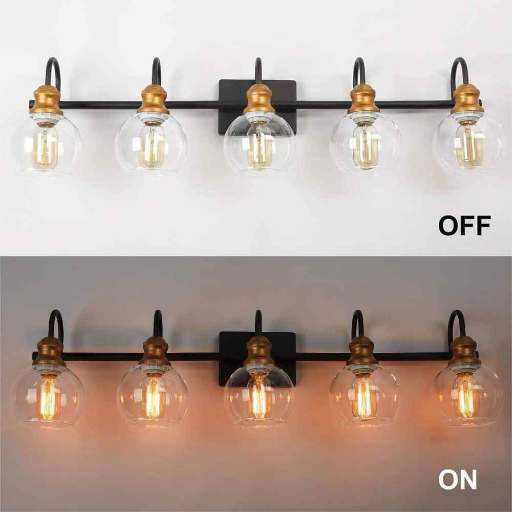 LNC 5-Light Aged Brass Vanity Light w/ Black Linear Frame and Clear Glass Globes