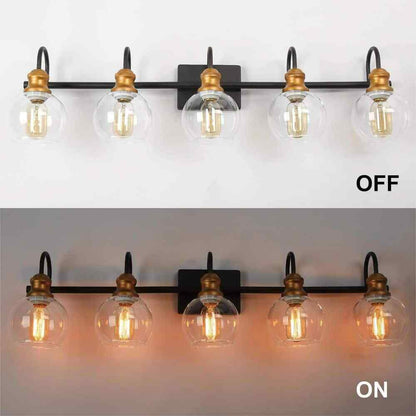 LNC 5-Light Aged Brass Vanity Light w/ Black Linear Frame and Clear Glass Globes
