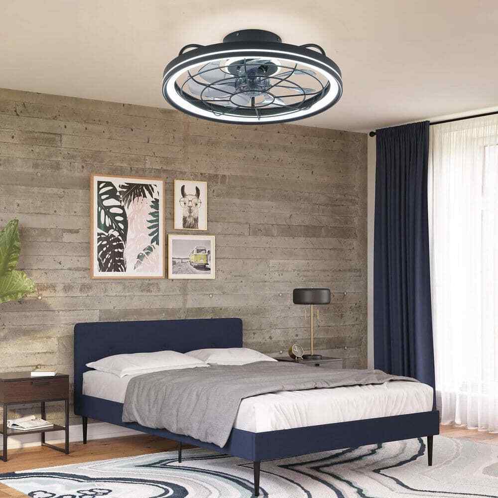 FANNEHONNE 19 in. Indoor Black Low Profile Ceiling Fan w/ Integrated LED Light