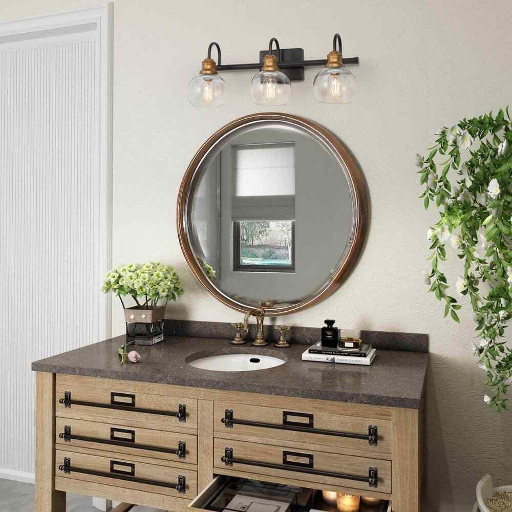 LNC 22 in. 3-Light Modern Aged Brass and Black Bathroom Vanity Light