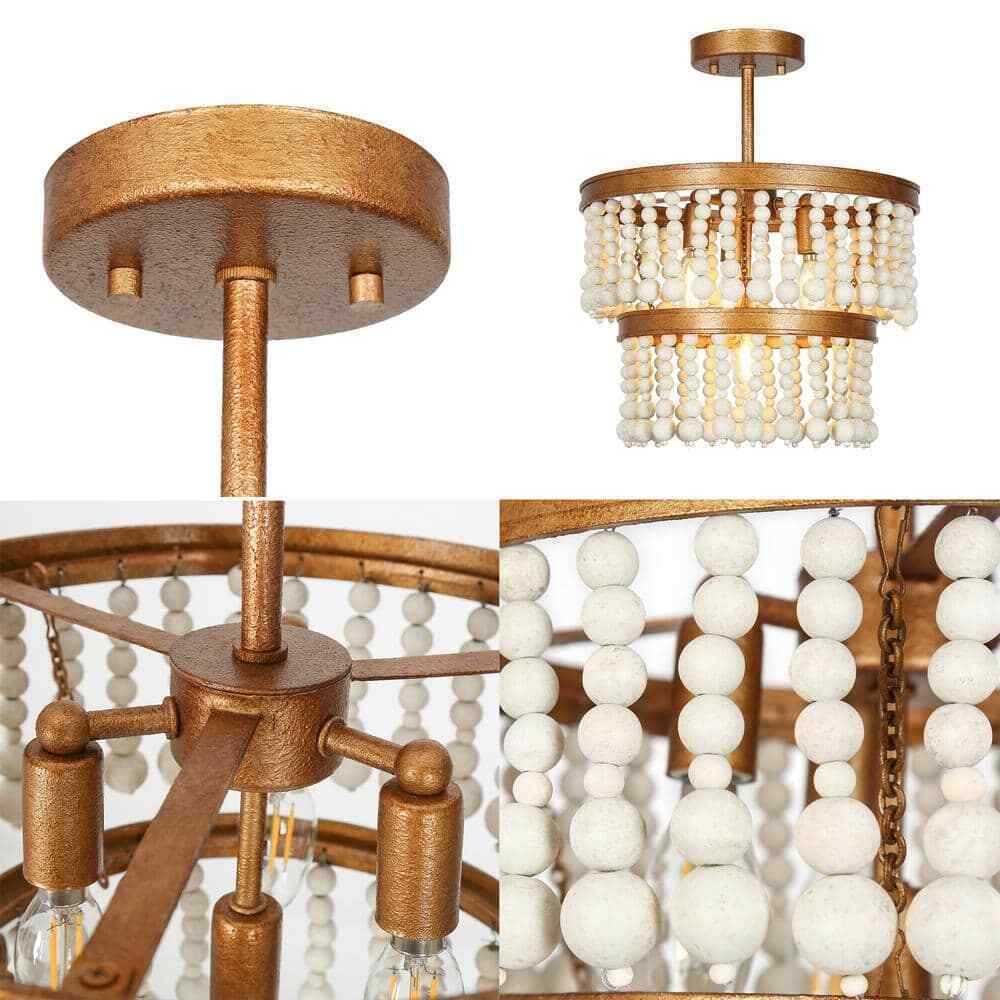 Uolfin Modern Farmhouse Ceiling 4-Light Antique Gold Round Semi-Flush Mount