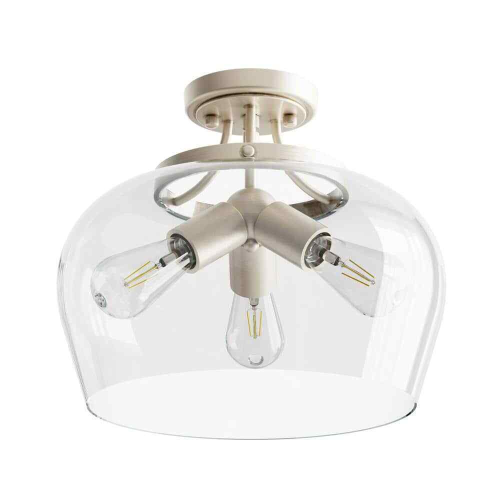 Merra 3-Light Blushed Nickel Semi Flush Mount Ceiling Light with Glass Shade