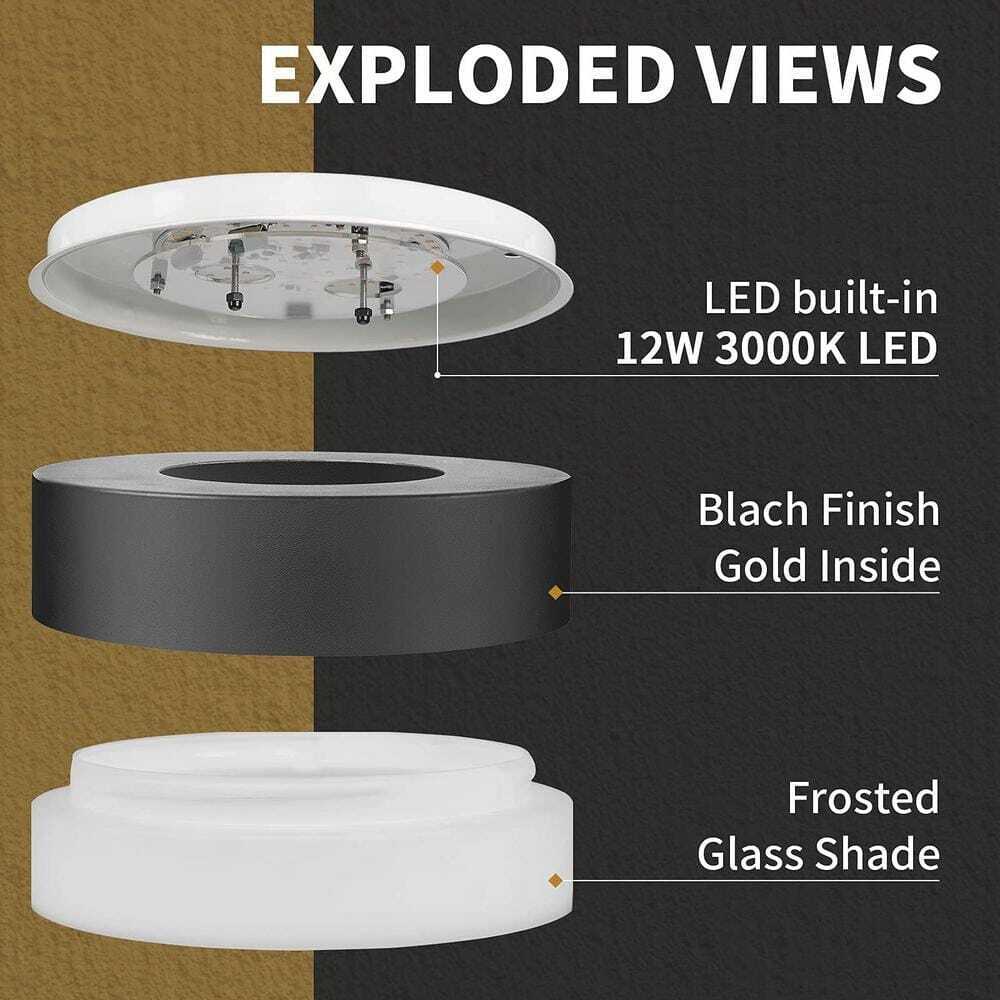 JAZAVA 13.8 in. 1-Light Black LED Flush Mount Ceiling Light Fixture