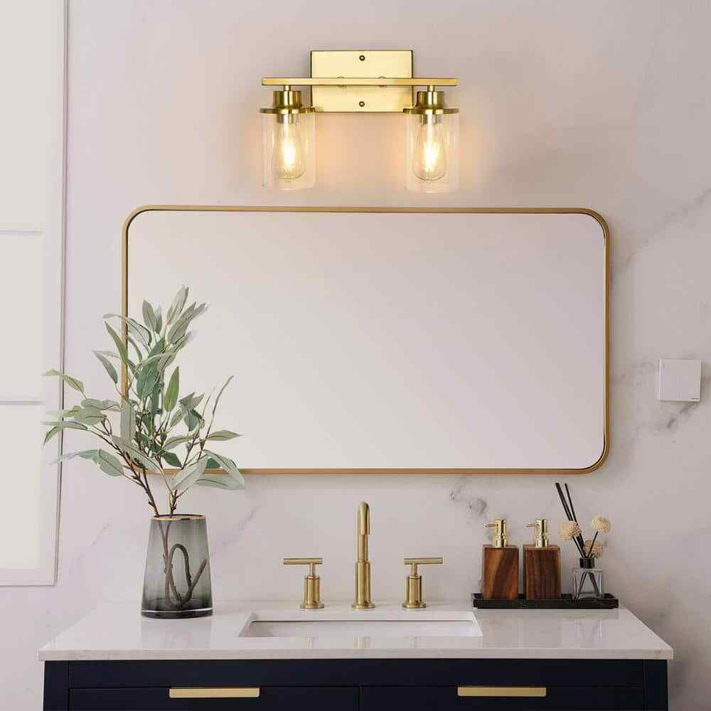GoYeel 2 Light Gold Bathroom Vanity Light w/ Cylinder Glass Shade
