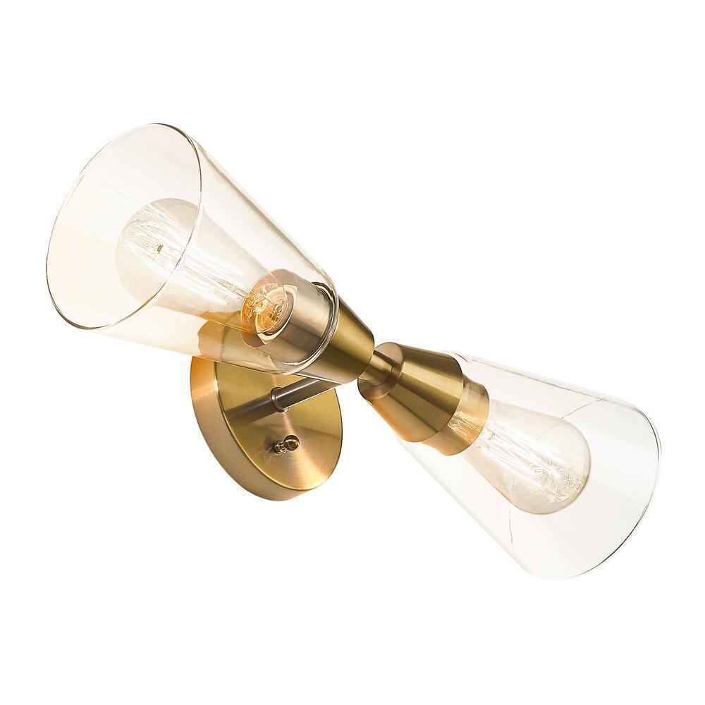 JAZAVA 16.57 in. 2 Light Gold Vanity Lights Clear Glass Indoor Wall Sconce