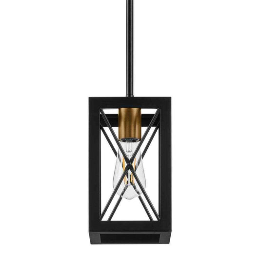 Home Decorators 1-Light Matte Black Mini Pendant Rectangular Cage Hanging Light