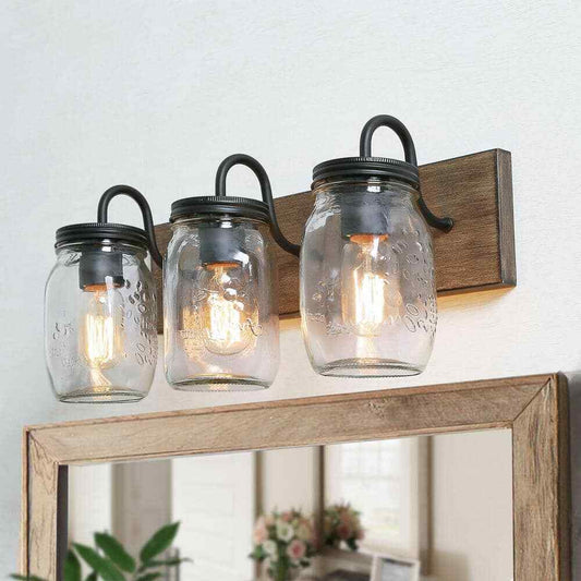 LNC Vanity Light 3-Light Black w/ Brown Faux Wood Accent Clear Mason Jar Shades
