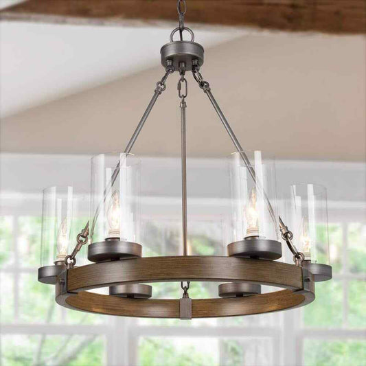 LNC Textured Brown Round Chandelier 6-Light Brushed Silver Wagon Wheel