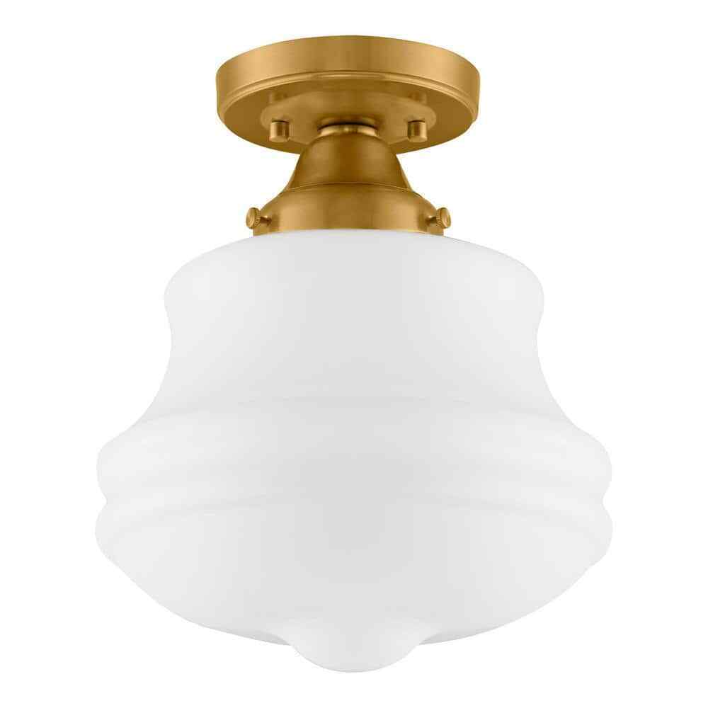 Home Decorators Schoolhouse 10 in. Aged Brass Semi Flush Mount Light Opal Glass