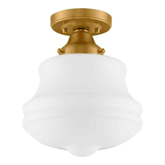 Home Decorators Schoolhouse 10 in. Aged Brass Semi Flush Mount Light Opal Glass