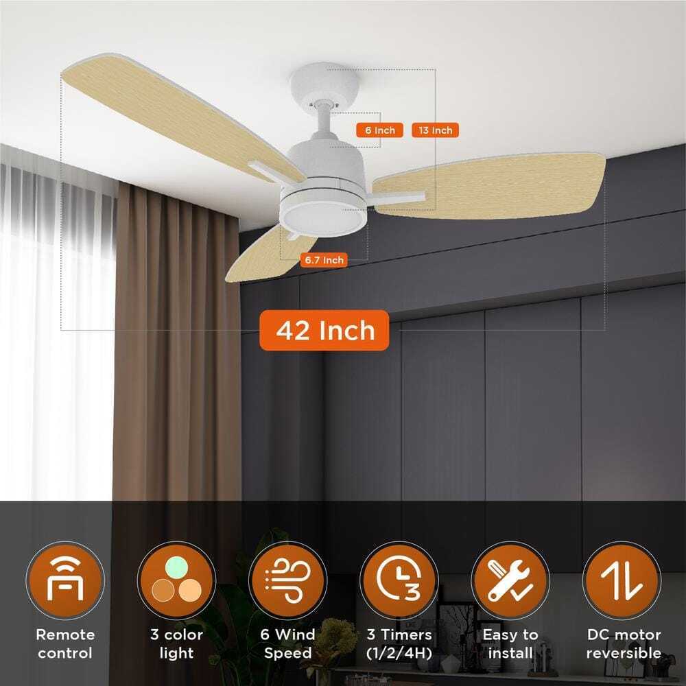 TALOYA S3 42 in. LED Light White Ceiling Fan w/ Remote Reversible DC Motor