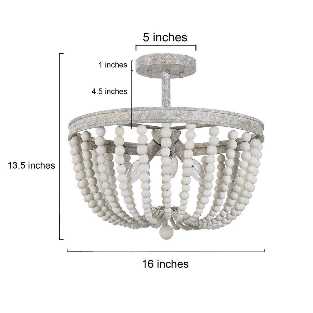 LNC 16 in. Modern Farmhouse Antique White Wood Beaded Semi-Flush Mount 3-Light