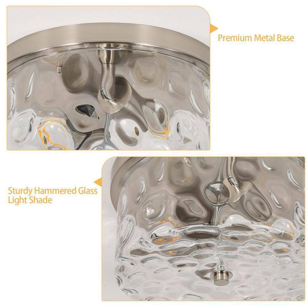 LamQee 12 in. 2-Light Brushed Nickel Ceiling Light w/ Water Rippled Glass Shade