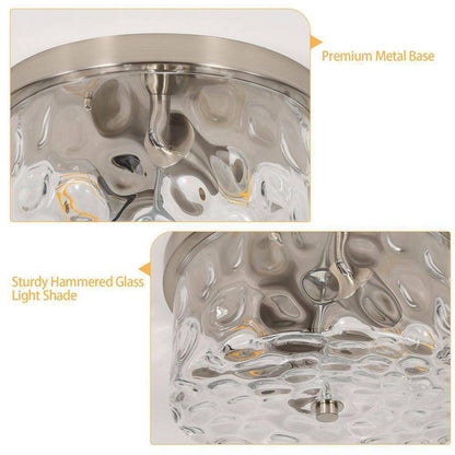 LamQee 12 in. 2-Light Brushed Nickel Ceiling Light w/ Water Rippled Glass Shade