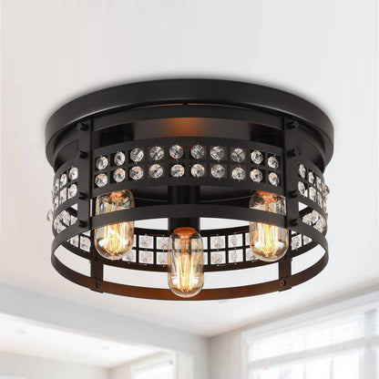 Flint Garden 13.4 in. 3-Light Modern Industrial Matte Black Drum Flush Mount