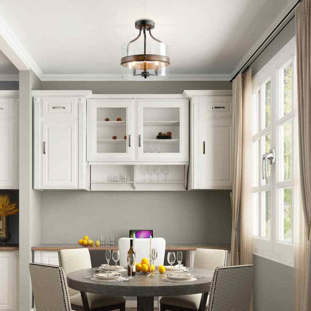 LNC Modern Farmhouse Drum Ceiling Light w/ Faux Wood Accent Clear Glass Shade