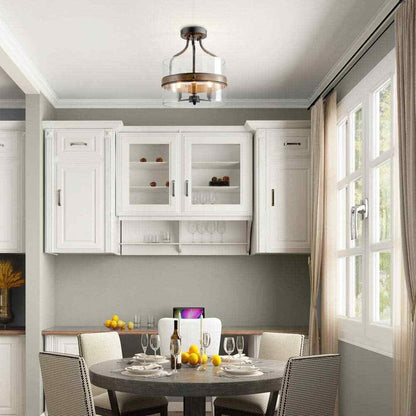 LNC Modern Farmhouse Drum Ceiling Light w/ Faux Wood Accent Clear Glass Shade