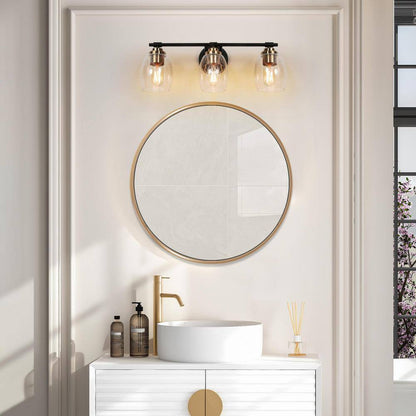 Uolfin Black Vanity Light 24.4 in. 3-Light Brass Gold Bell Vanity w/Seeded Glass
