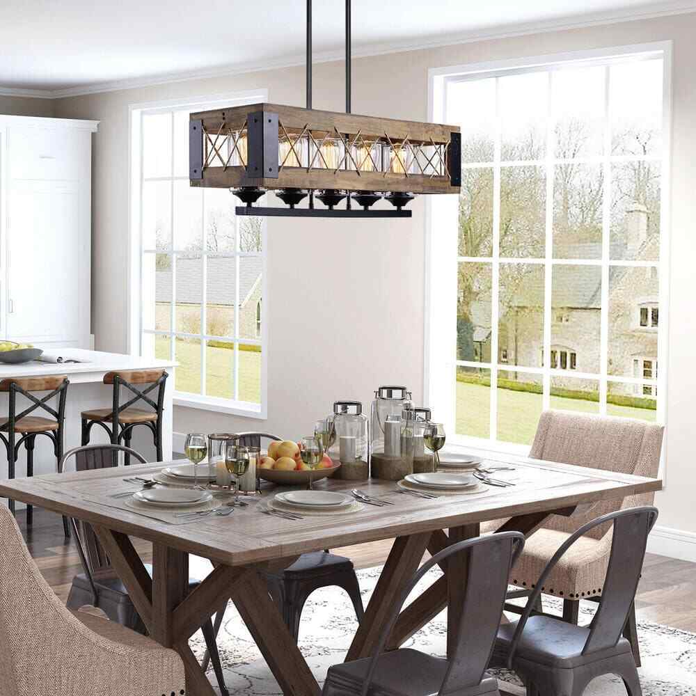 LALUZ Wood Chandelier Black Farmhouse Island 5-Light Rectangular Cage Chandelier