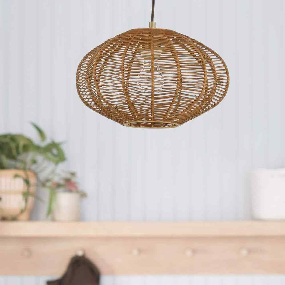 River of Goods Emilia Light Bronze Hanging Pendant with Brown Woven Rattan Shade
