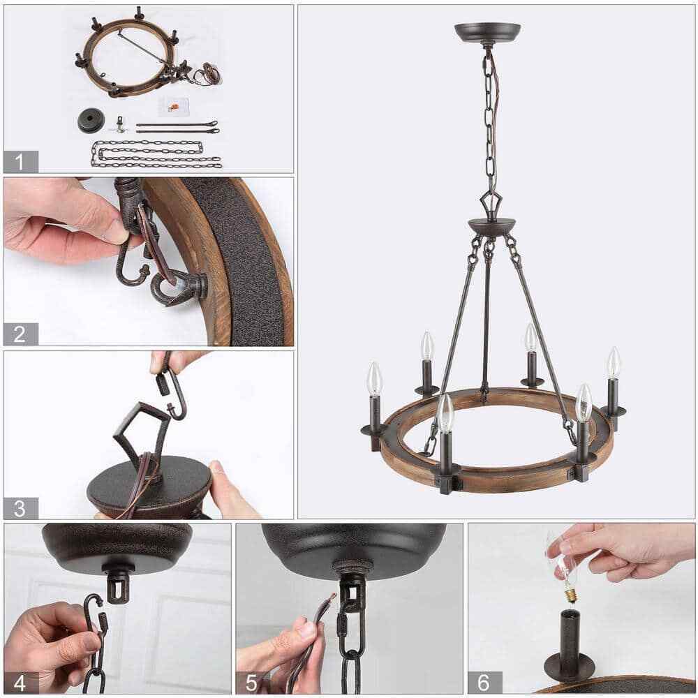 LNC Wagon Wheel Chandelier 6-Light Distressed Wood Island Light Rustic Bronze