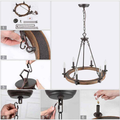 LNC Wagon Wheel Chandelier 6-Light Distressed Wood Island Light Rustic Bronze