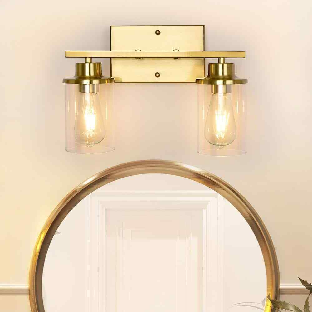 GoYeel 2 Light Gold Bathroom Vanity Light w/ Cylinder Glass Shade