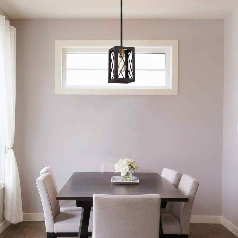 Home Decorators 1-Light Matte Black Mini Pendant Rectangular Cage Hanging Light