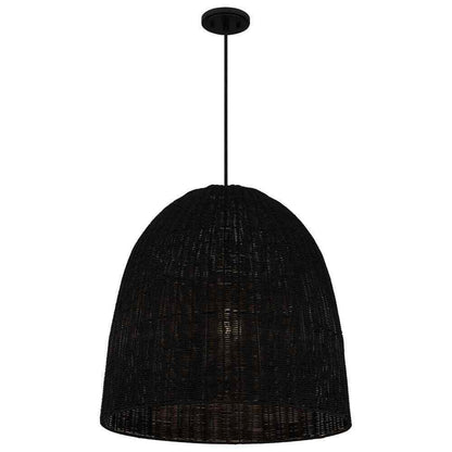 Hampton Bay Highler 1-Light Matte Black Pendant with Matte Black Rattan Shade