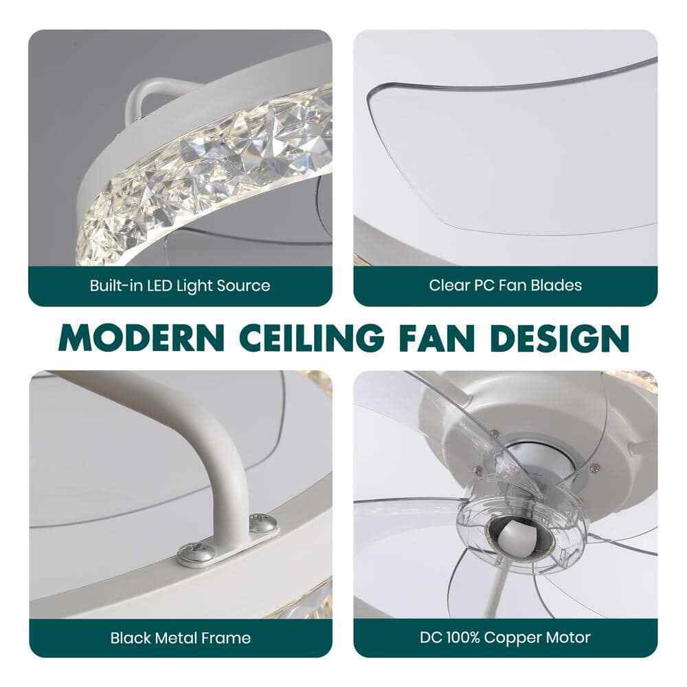 FANNEHONNE Lidia 19.68 in Indoor Modern White Crystal Flush Mount Ceiling Fan