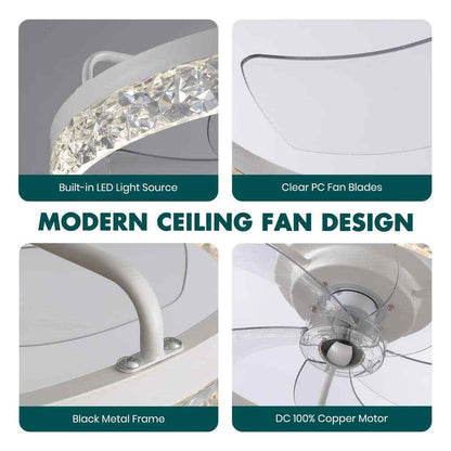 FANNEHONNE Lidia 19.68 in Indoor Modern White Crystal Flush Mount Ceiling Fan