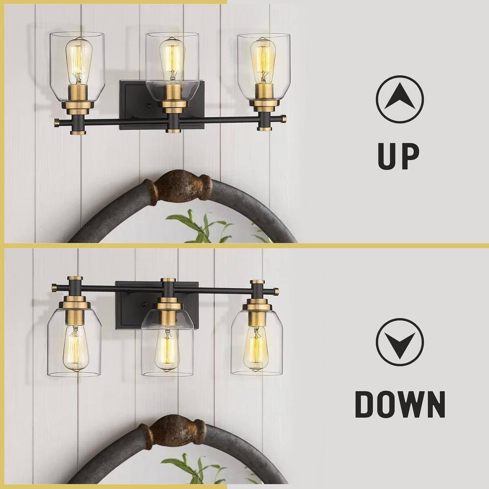 JAZAVA 21.3 in. 3 Light Black and Gold Indoor Vanity Light Wall Sconce Light