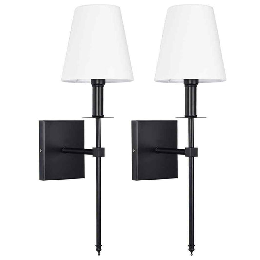 LamQee 1-Light Matte Black Wall Sconce with White Fabric Shade 2-Pack