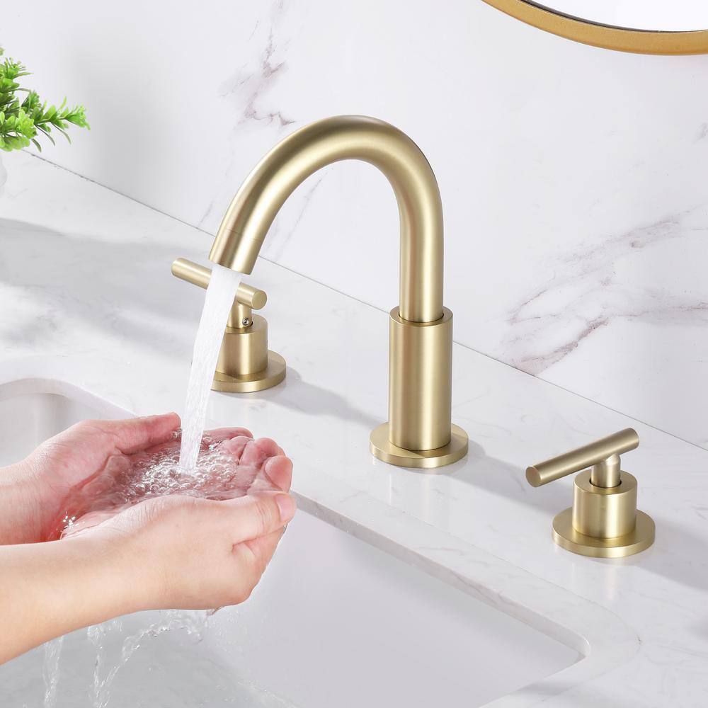UKISHIRO 8 in. Widespread Double Handle High-Arc Bathroom Faucet in Brushed Gold